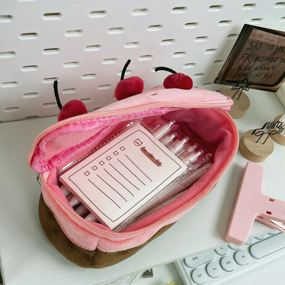 Cherry cake plush velvet pencil bag in Korean style with pastel colours