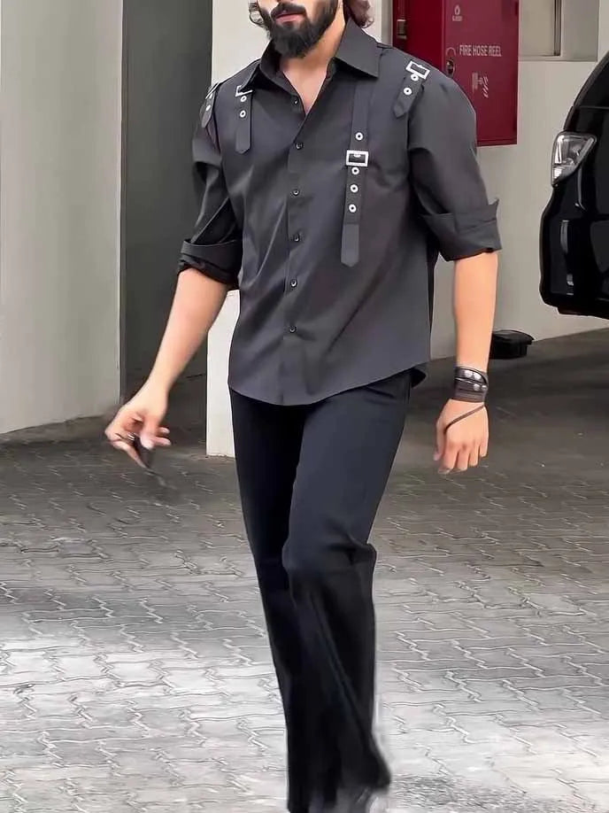 Men's black utility-style button-up shirt with a regular fit