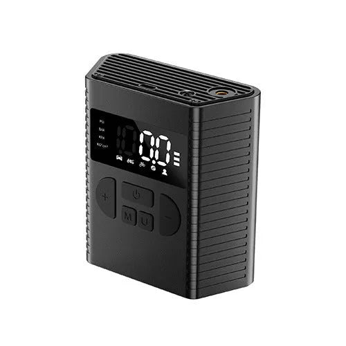 Wireless portable car tyre inflator with LED light, USB port, and multiple air nozzles on a black background.