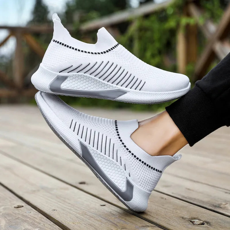Men's mesh sneakers with striped design, flyknit upper, and plastic sole in various colour options