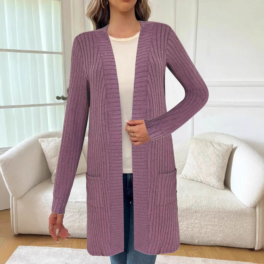Loose knitted cardigan jacket in black wine red or gray with long sleeves and pockets