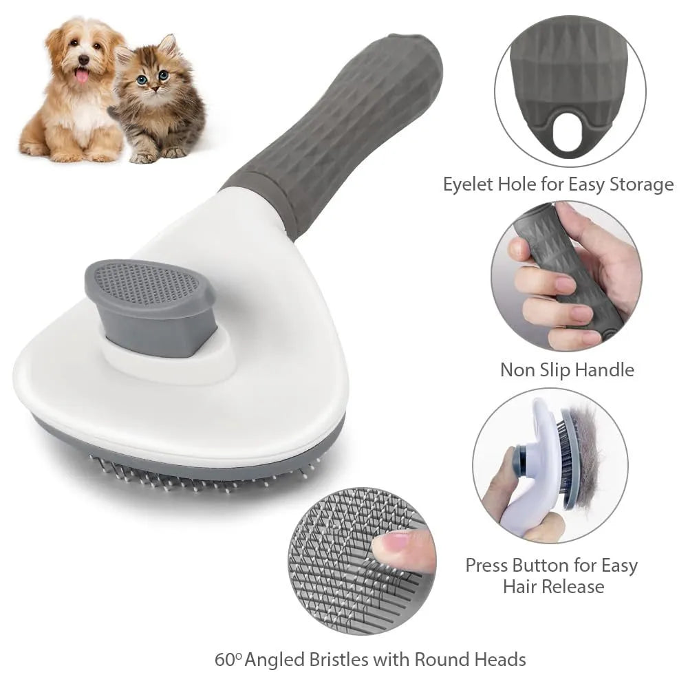 Blue cat grooming brush with a release button and fine wire bristles for pet hair removal.