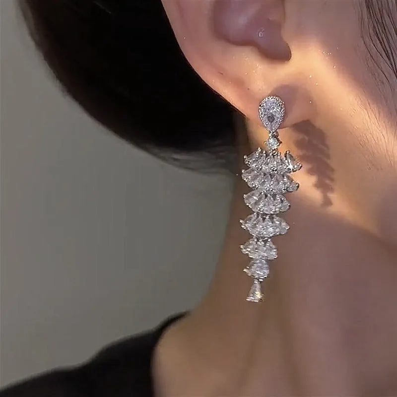 Silver pagoda Christmas tree drop earrings with sparkling zircon stones on copper stud fittings