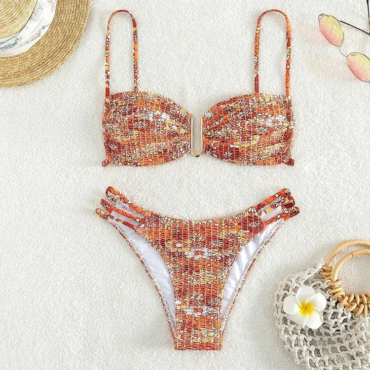 Women's floral bikini swimsuit with high waist style in blue, orange, pink and rose red colours