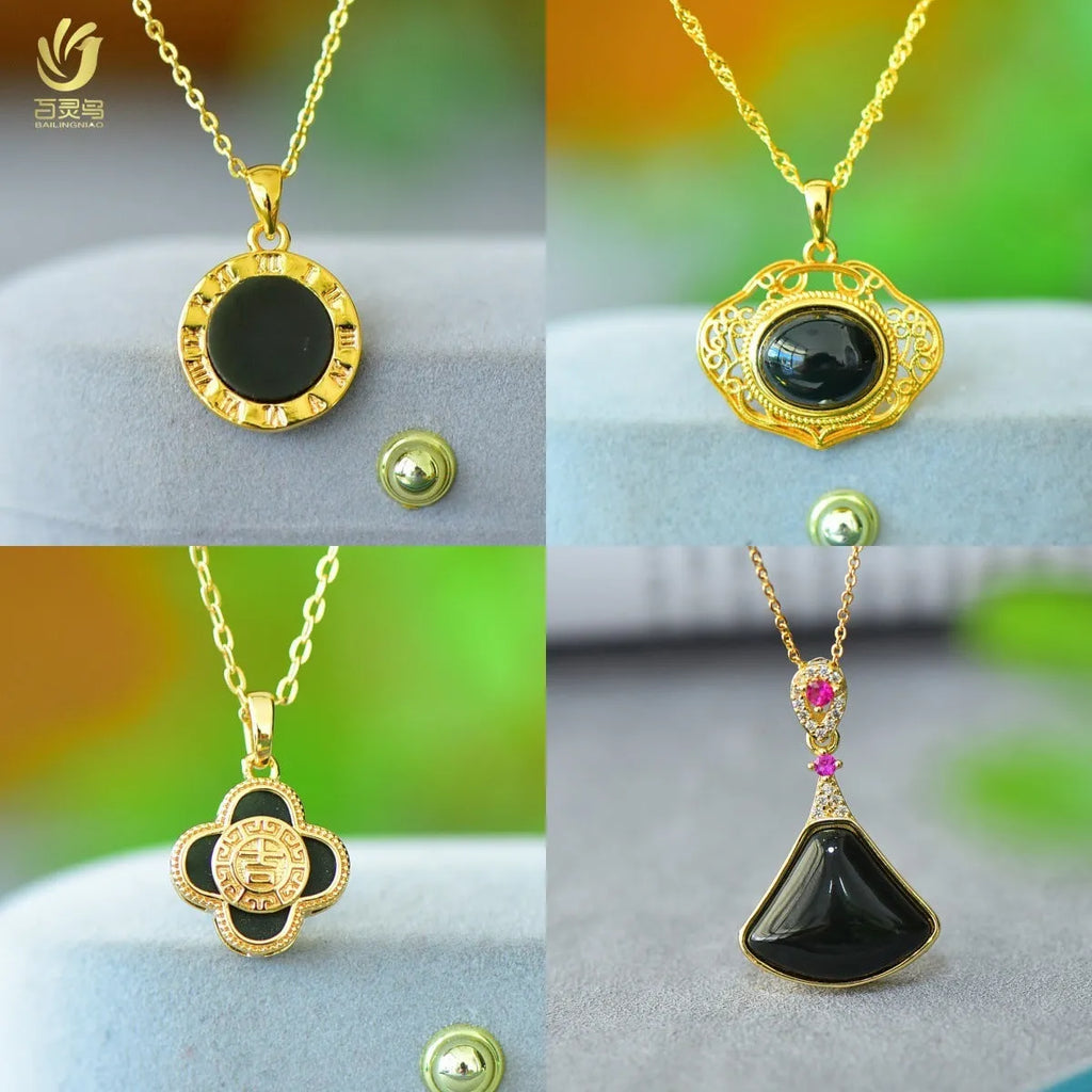 Natural Hetian jade pendant with copper inlay in ink blue colour on necklace chain