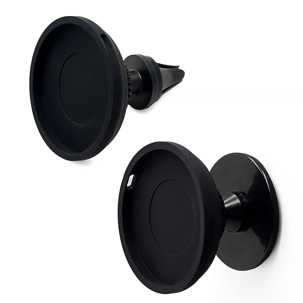 Black plastic magnetic car phone holder showing dashboard and air vent mounting options