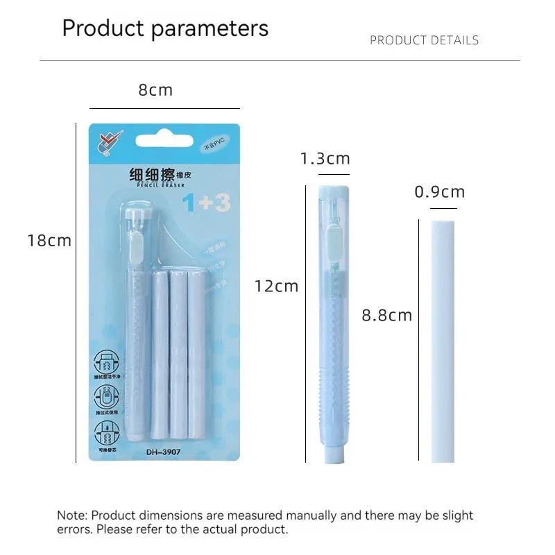 Push type automatic eraser for children in blue, green, pink, and purple colours