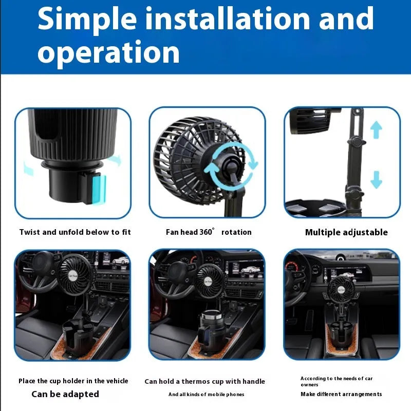Car water cup holder fan in ABS, available in 4-inch and 6-inch sizes with 12V, 24V or 5V USB plug