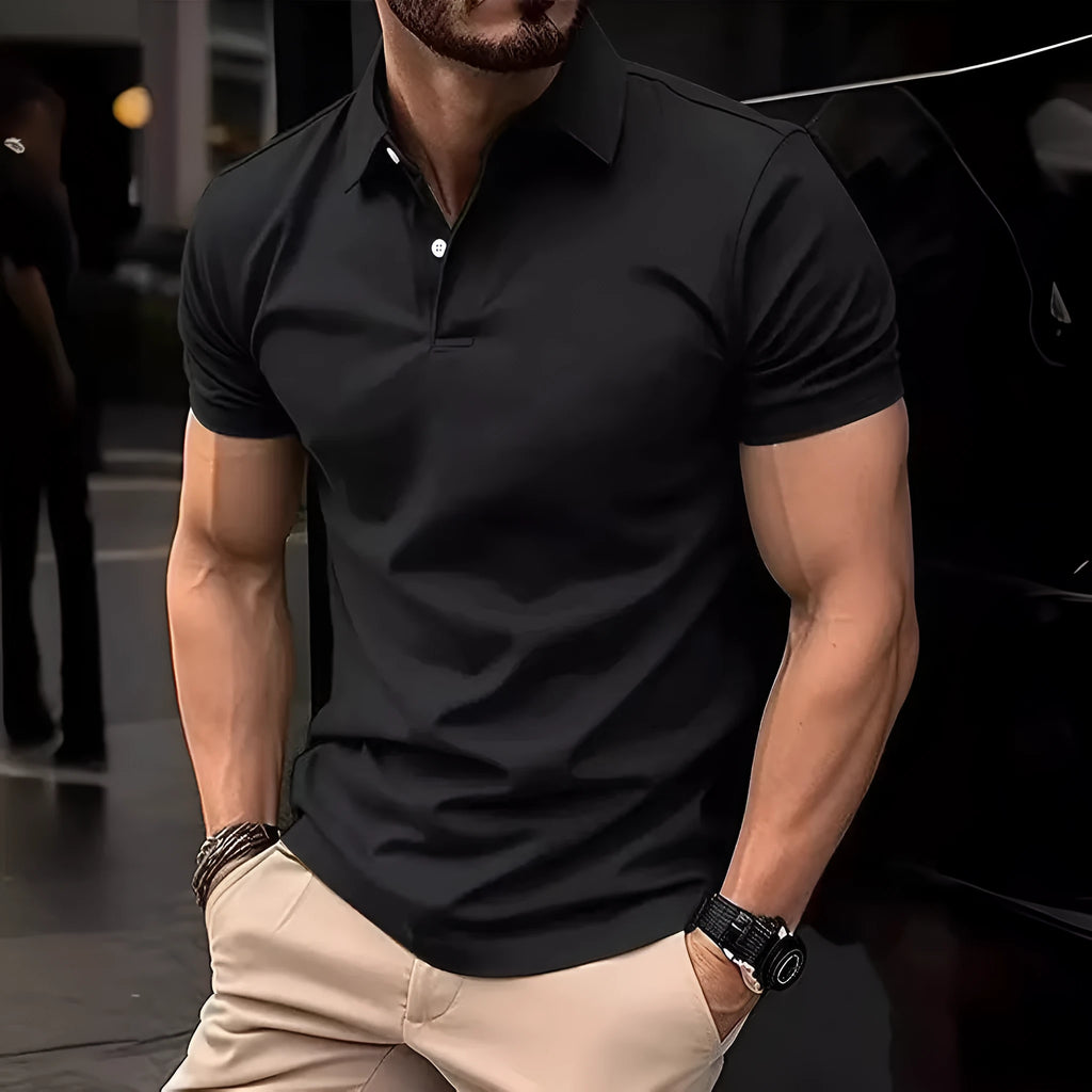 Men's slim fit solid colour short sleeve button-down shirt on a hanger.
