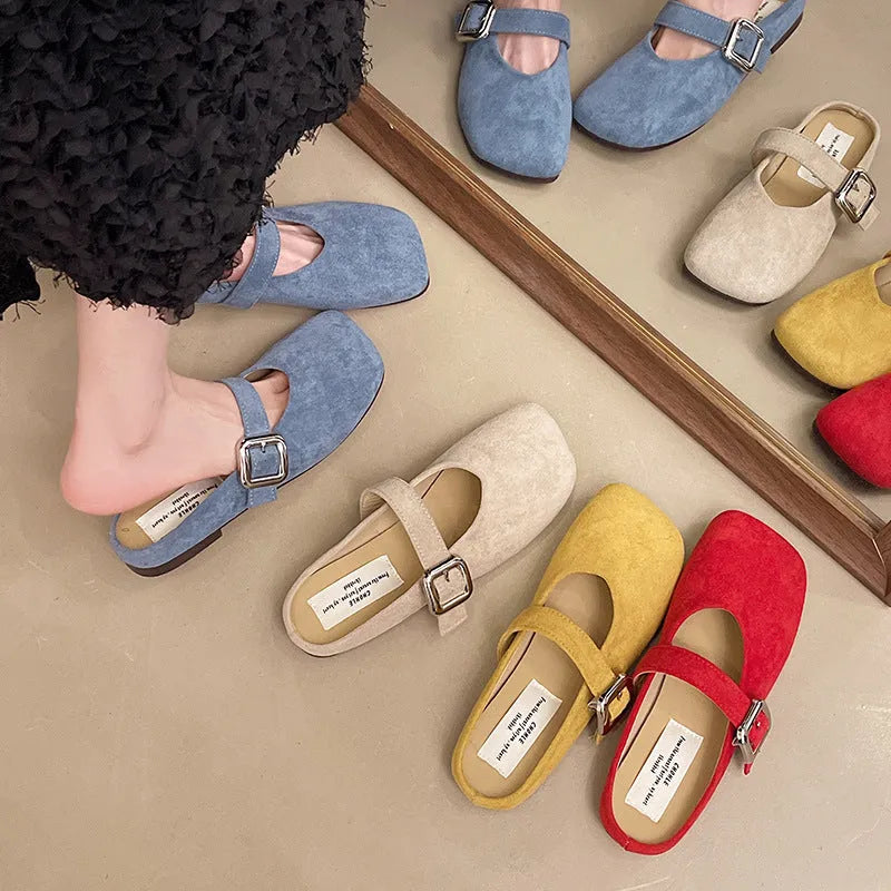 Women's flat closed toe slippers with square head design in apricot colour