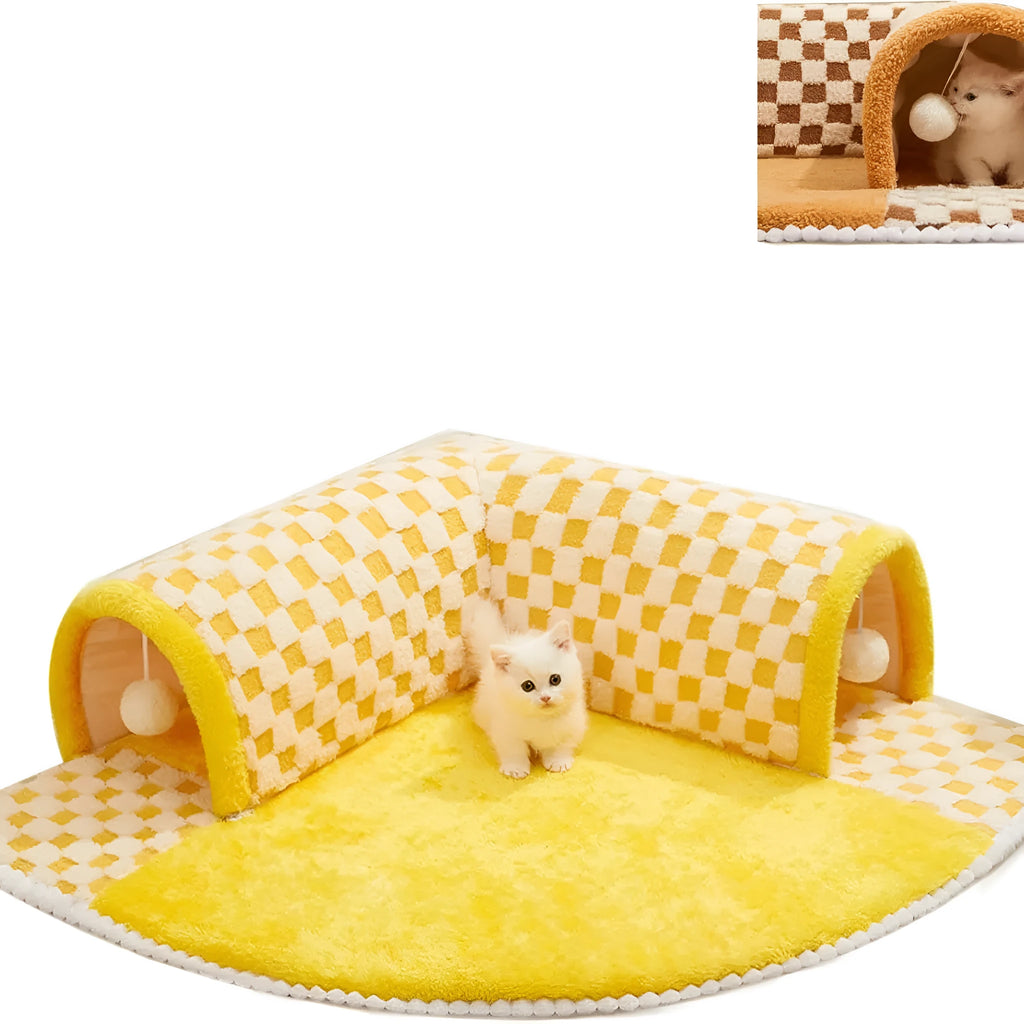 Brown plaid cat tunnel bed with central mat showing fluffy material and non-slip bottom