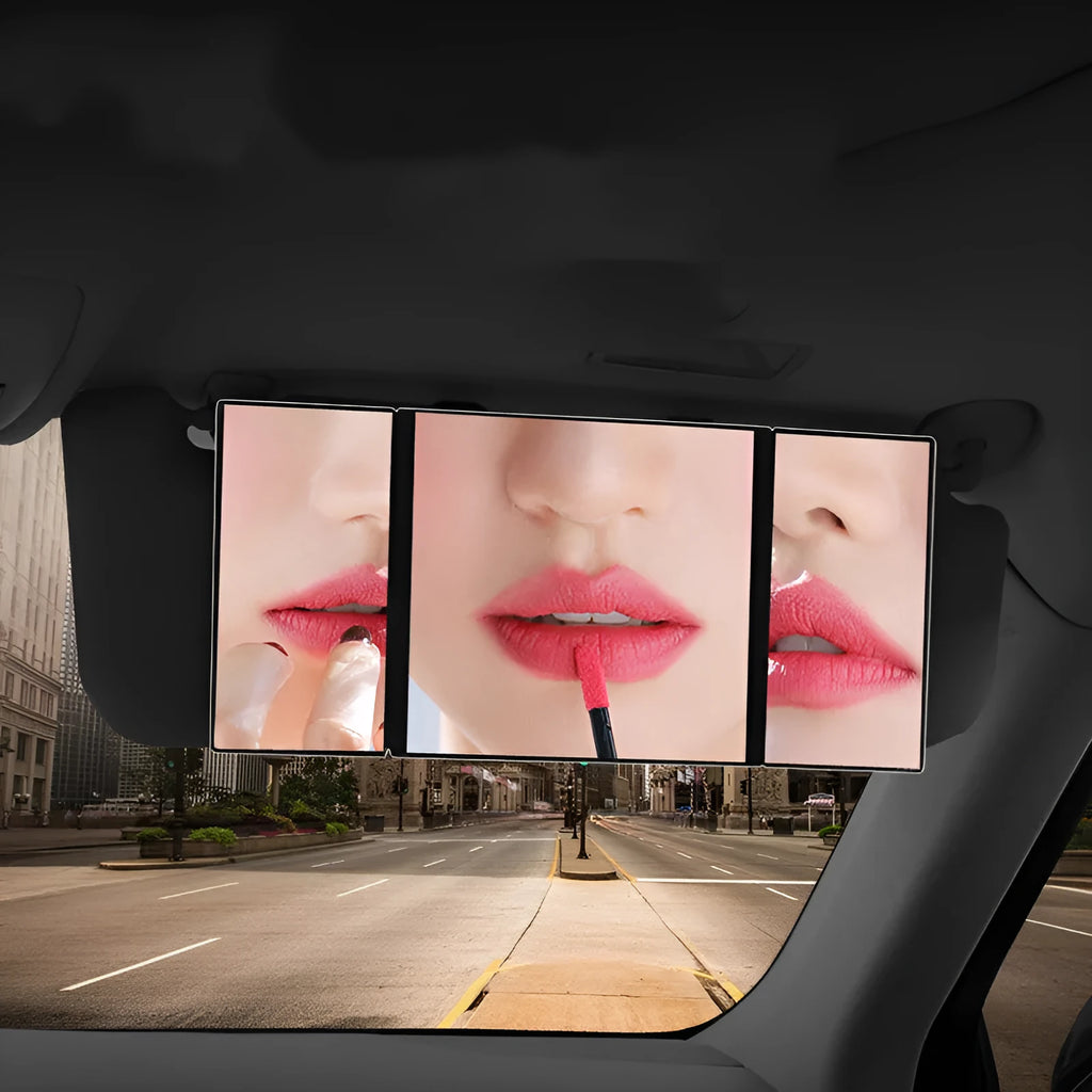 Silver car folding makeup mirror shown closed at 15.5cm wide and opened to 30.5cm wide