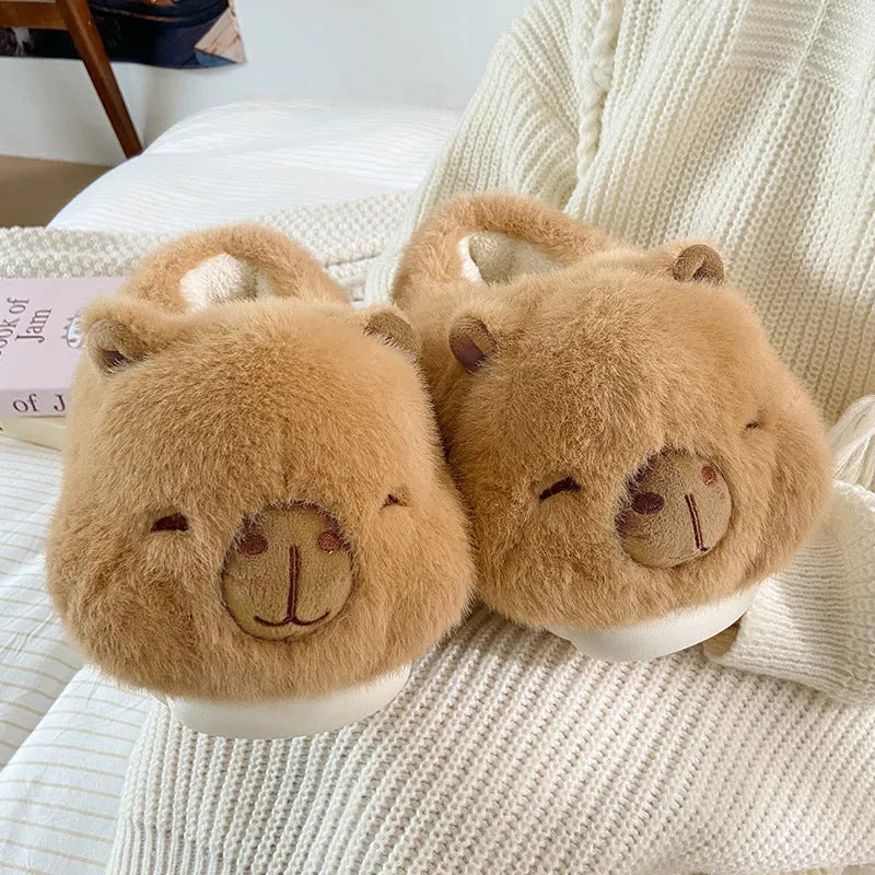 Light brown women's winter slippers with cartoon pattern and artificial wool lining