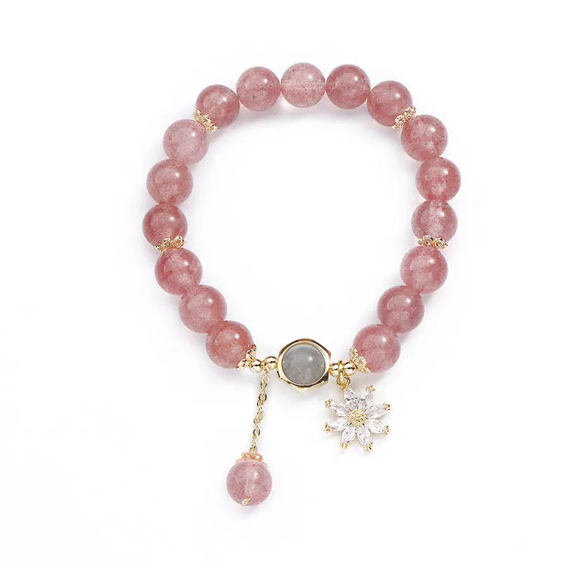 Mori style strawberry quartz crystal bracelet with electroplated finish and floral elements