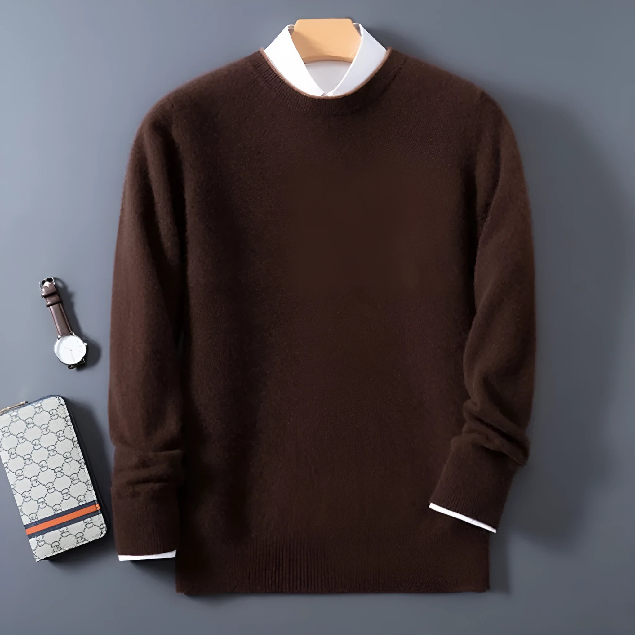 Men's loose fit woolen pullover sweater in dark gray, brown, and dark blue colour options