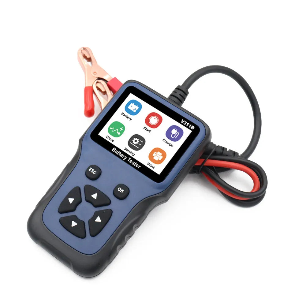 Car battery voltage tester with 2.8 inch colour screen, black and red alligator clips and 1m cable