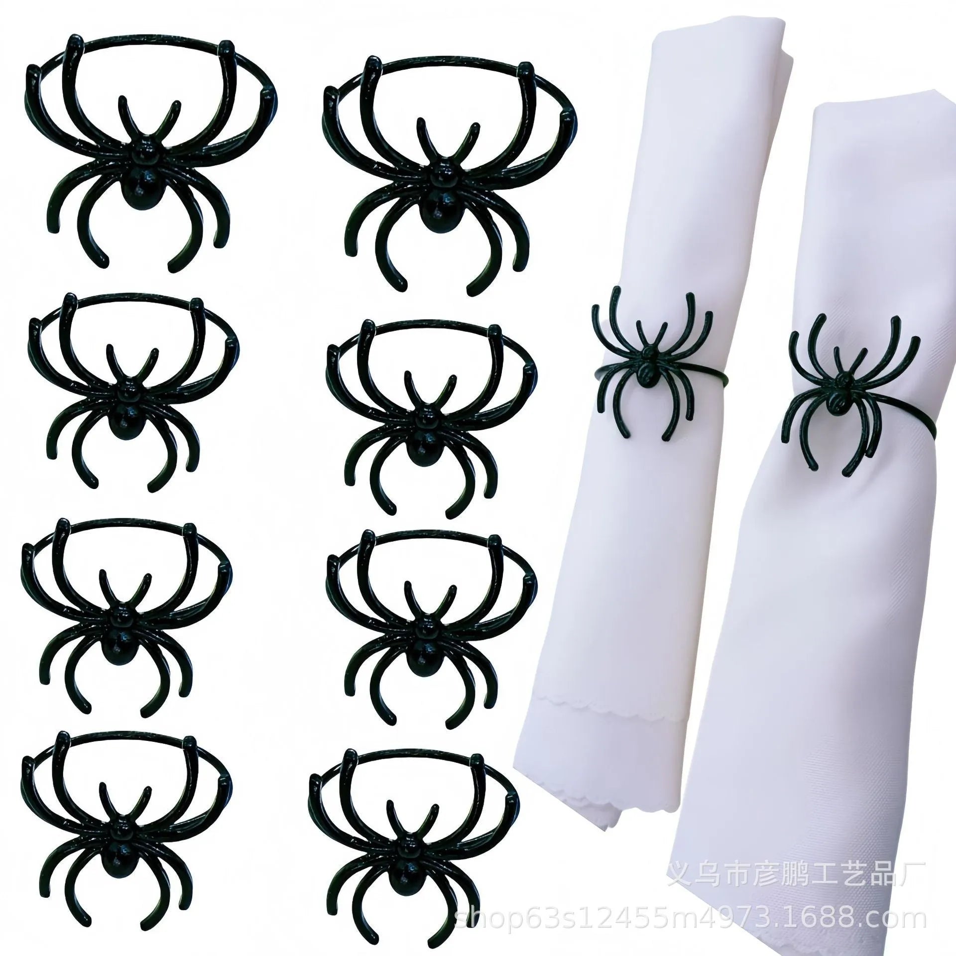 Six black alloy spider-shaped napkin rings for Halloween table decoration.