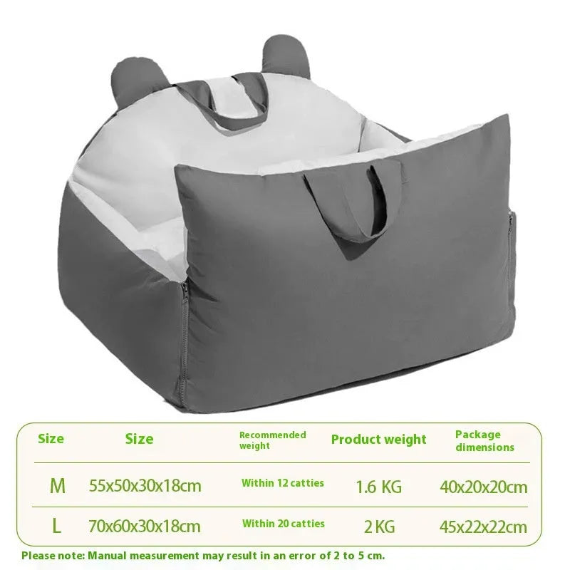 Removable washable dog car kennel in grey beige colour showing size and fabric detail.