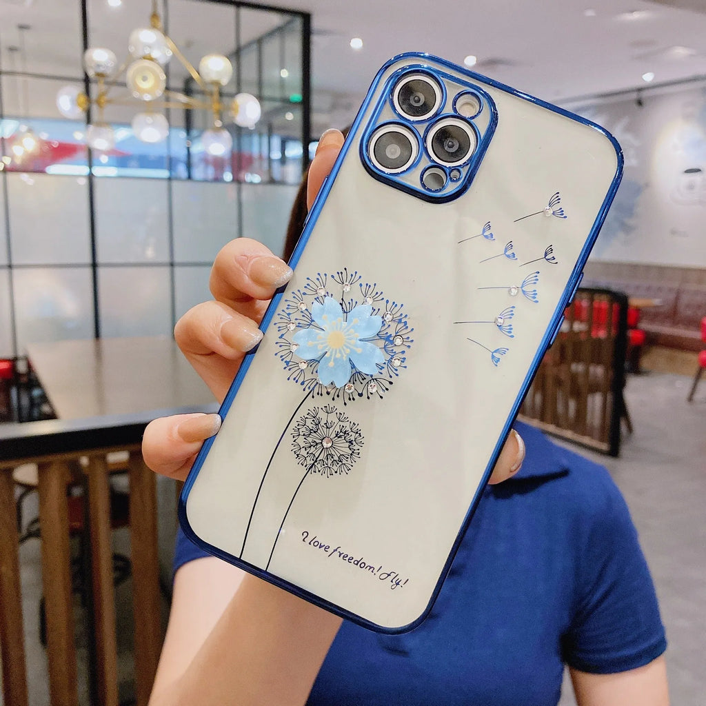 3D cute flower spin stand phone case for iPhone in green purple rose gold silver colours showing built-in screen protector