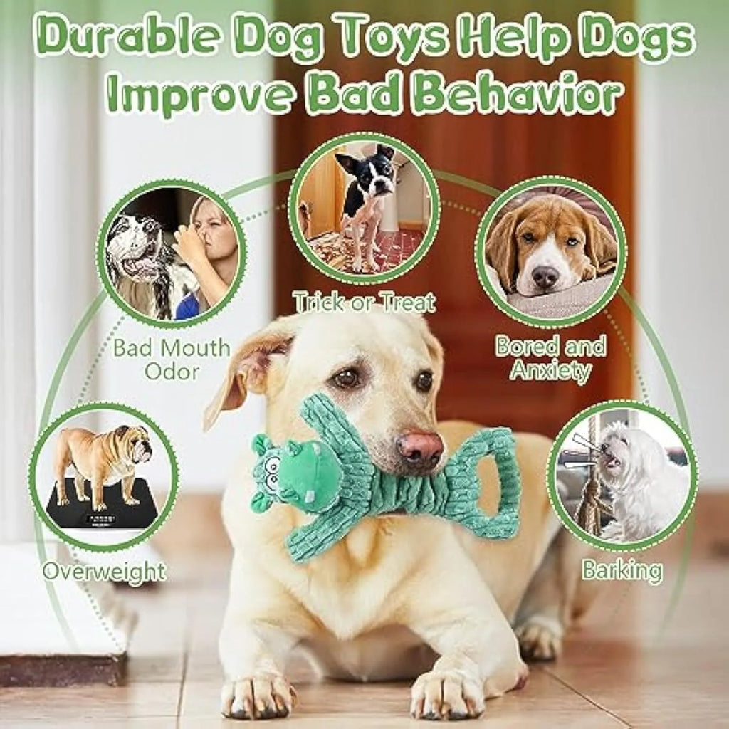 Large squeaky plush dog toy with telescopic body and handle for tug of war play