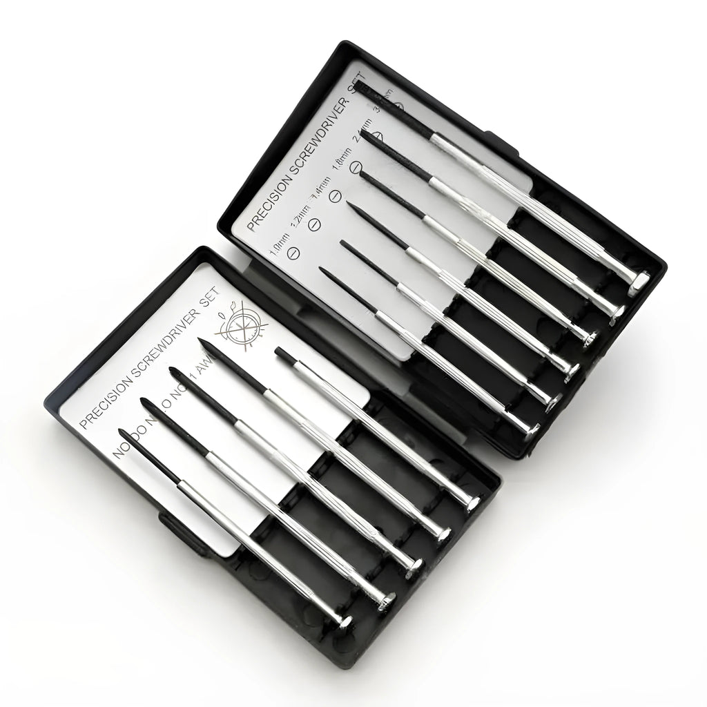 TH-6177 11-piece clock repair screwdriver set with cross and slotted heads on a grey background.