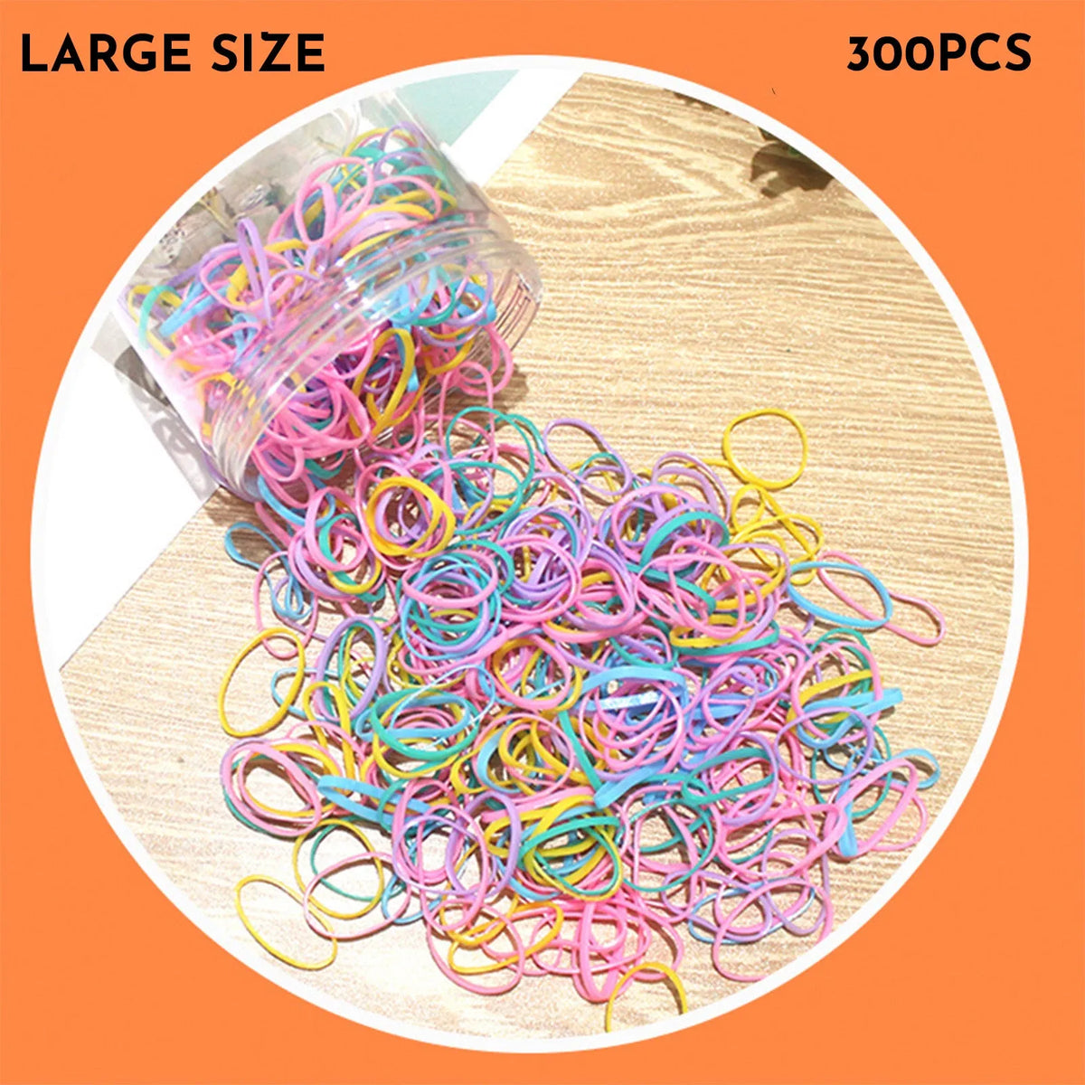 Pack of multicolour TPU baby hair ties in a reusable plastic storage container.