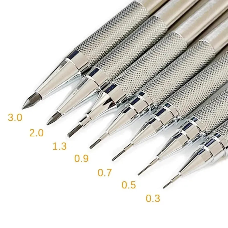 Metal automatic mechanical drafting pencil with multiple lead size options including 0.5mm and 2.0mm.