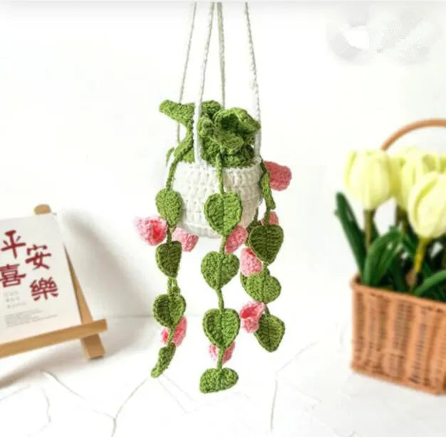 Green and white knitted wool macramé car air plant holder with hanging cord