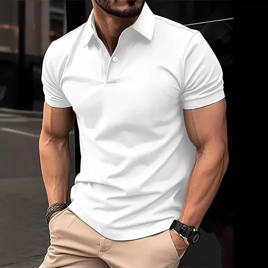 Men's slim fit solid colour short sleeve button-down shirt on a hanger.