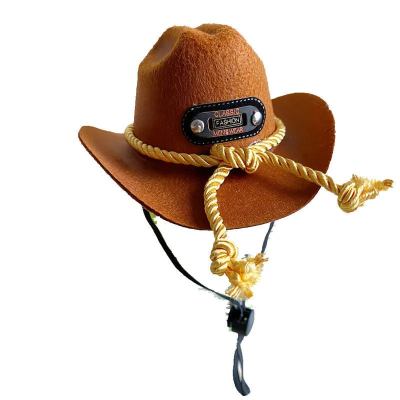XINGX brown and black British-style cowboy hat for cats on a mannequin head.