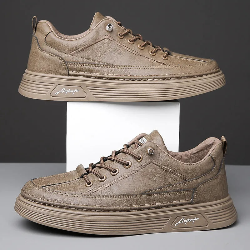 Men's British style casual shoes in black, gray, or khaki with PU upper, rubber sole, and elastic band slip-on design