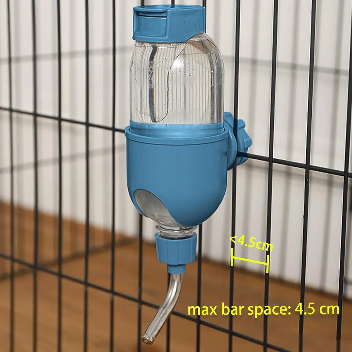 Blue small animal cage water bottle with rotatable nozzle and stainless steel drinking valve.