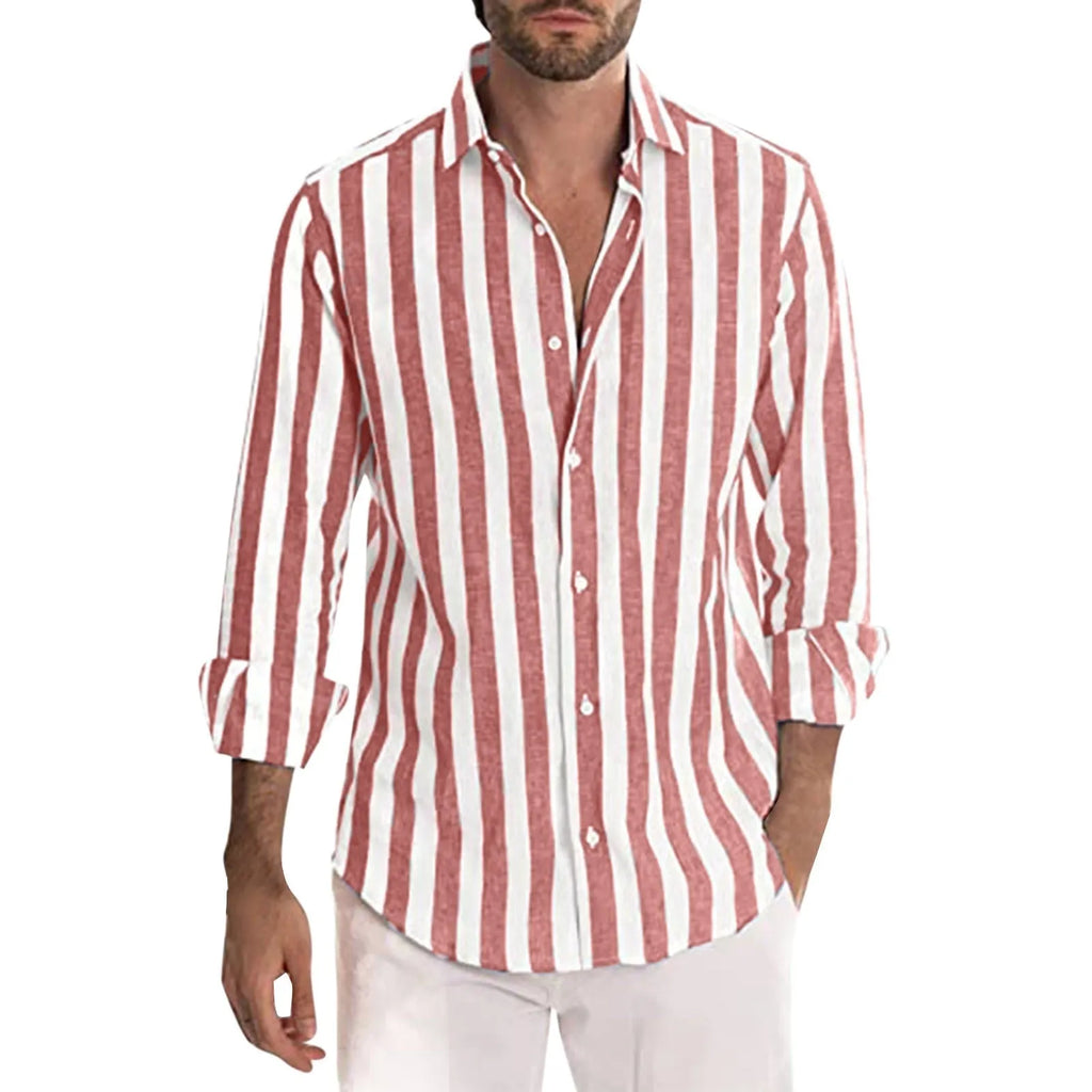 Man wearing loose-fitting striped long-sleeved shirt in polyester fabric with British casual style