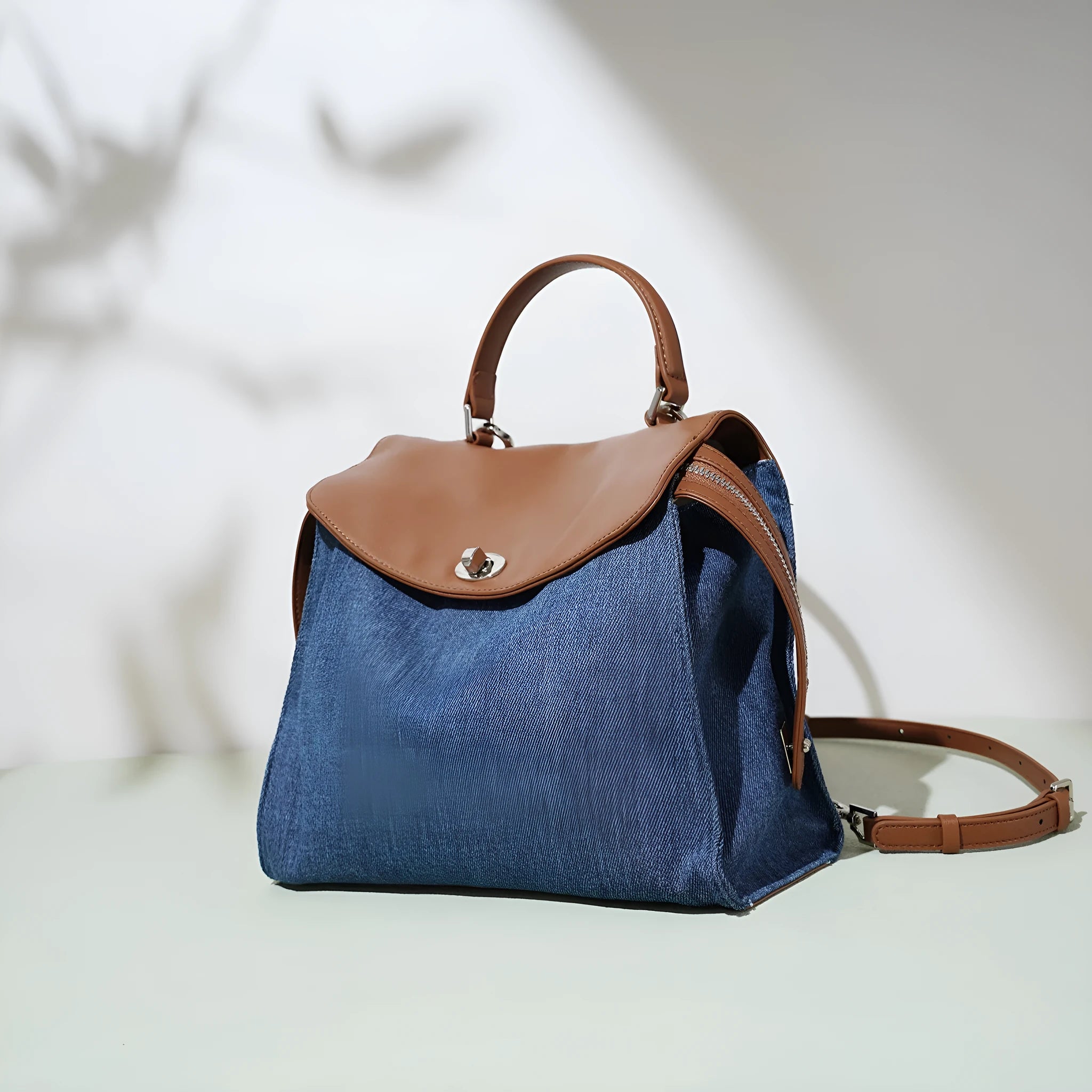 Blue denim Korean style lazy backpack with first layer cowhide trim clamshell opening