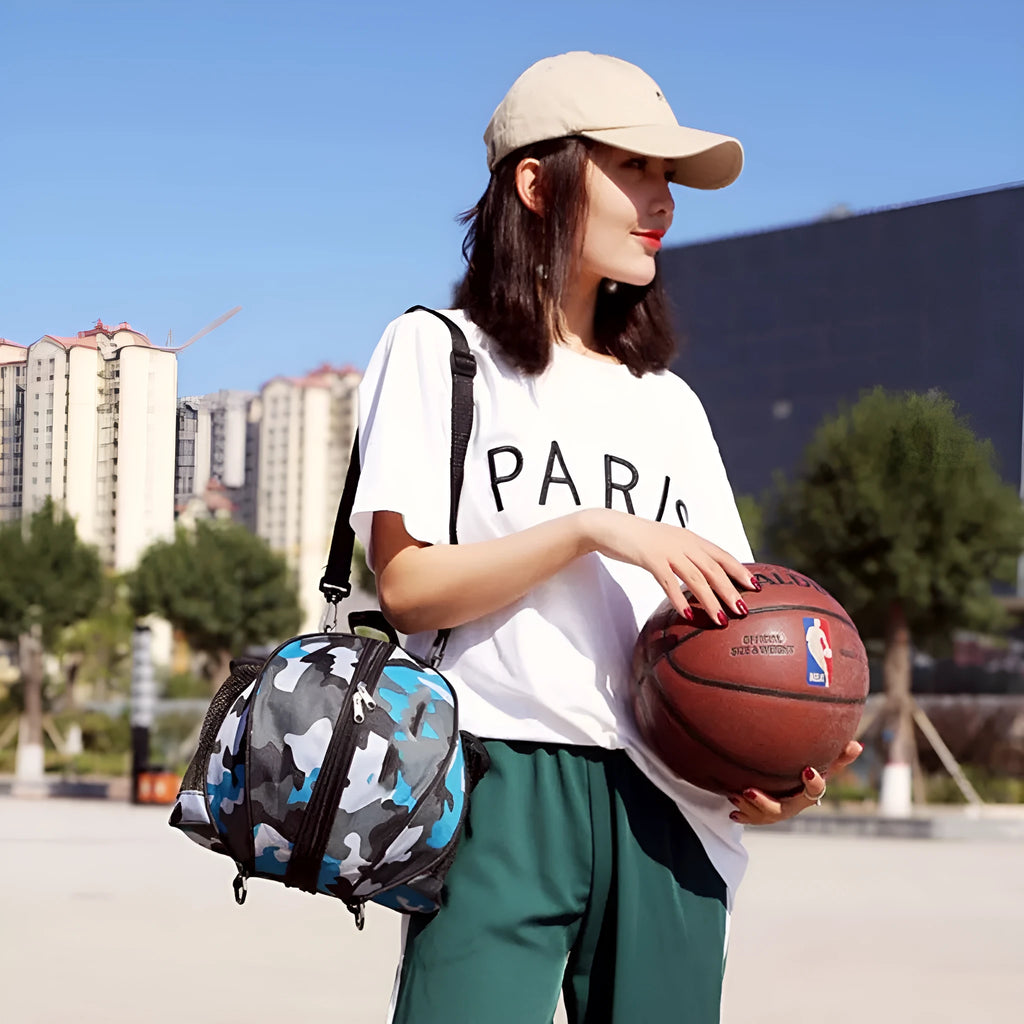 Oxford cloth basketball training bag with adjustable strap shown in a camouflage colour option.