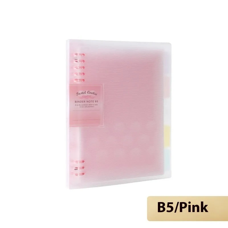 Refillable A5 and B5 spiral notebook with PP cover, shown in pastel cookie blue and plaid impression designs with loose-leaf paper.