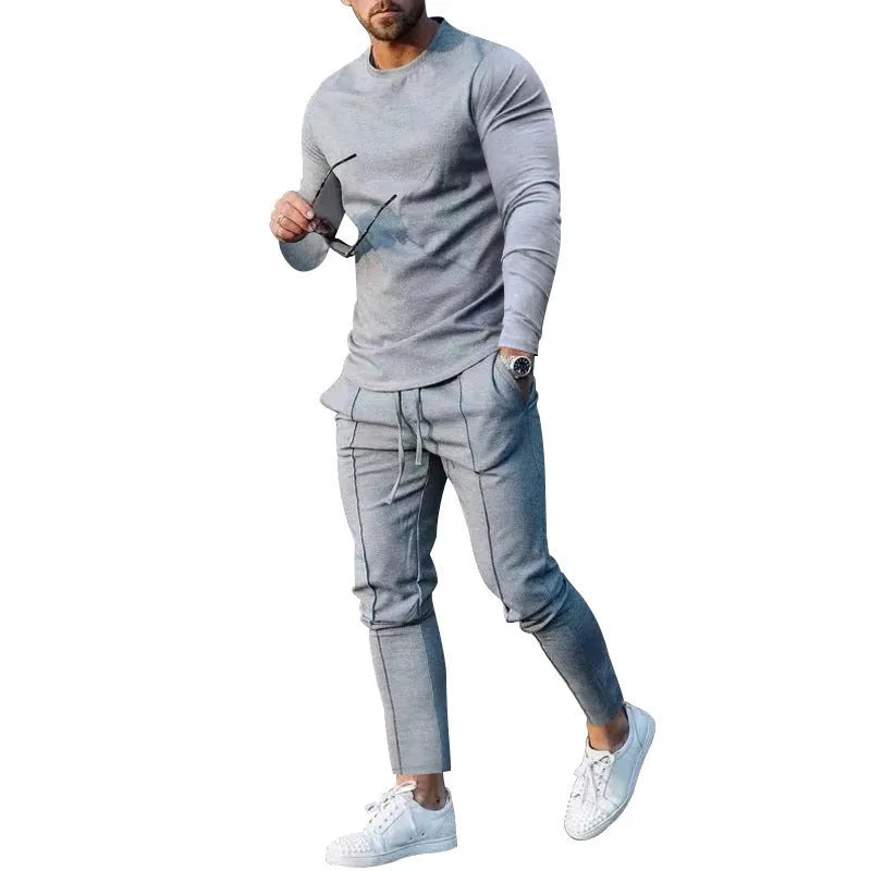 Men's light grey polyester two-piece casual suit with round neck t-shirt and matching trousers