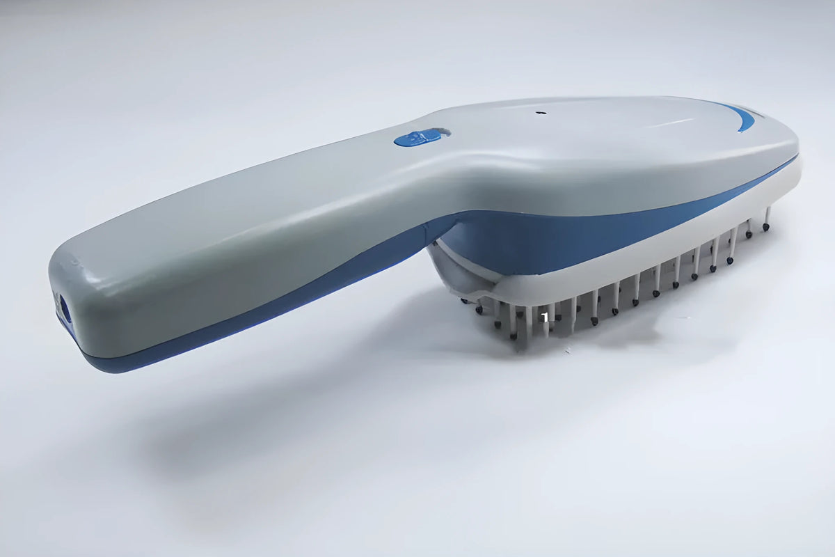 White electronic pet comb with negative ion and active oxygen technology, removable brush head, and 78 teeth.
