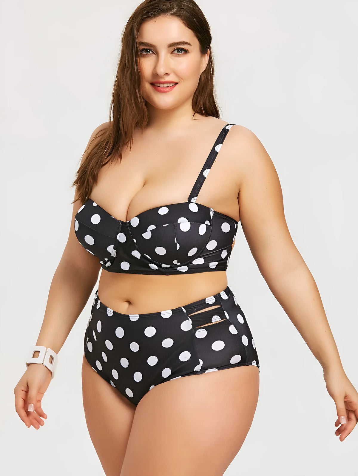 Retro polka dot high-rise bikini set in black, plus size XL-5XL, padded top and high-rise bottom.