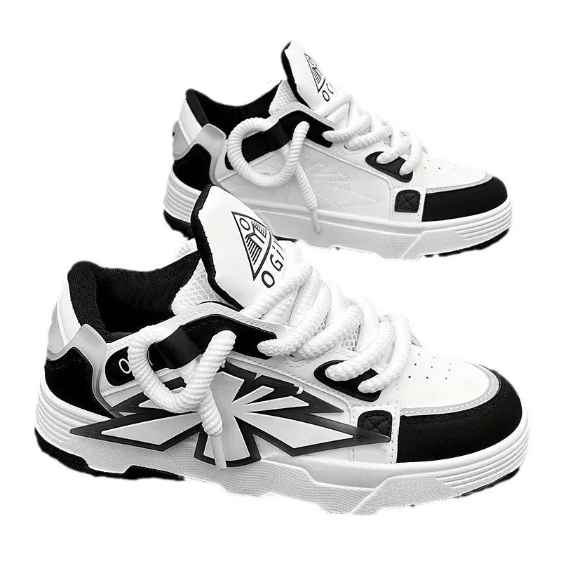 Men's white chunky sneakers with cartoon pattern, thick rubber sole, and lace-up front.
