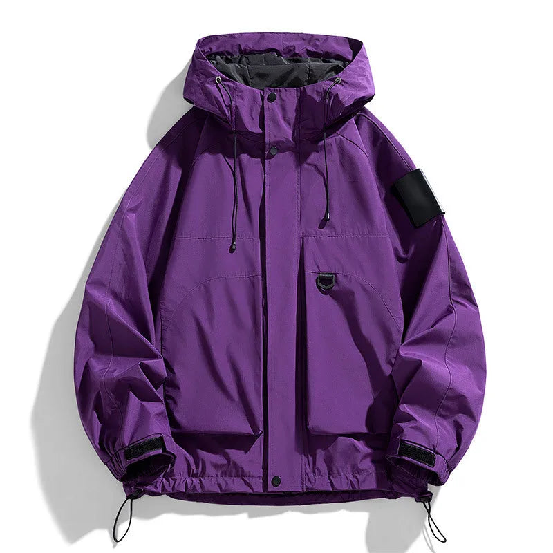 Men's hooded windproof waterproof jacket in chemical fibre blend available black purple ginger yellow