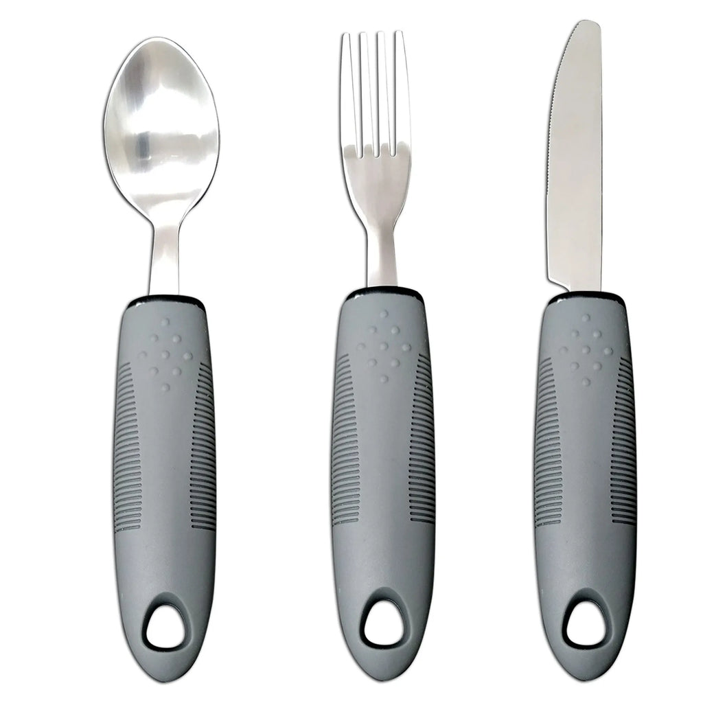 Stainless steel adaptive eating utensils with rubber anti-shock handles for elderly dining assistance