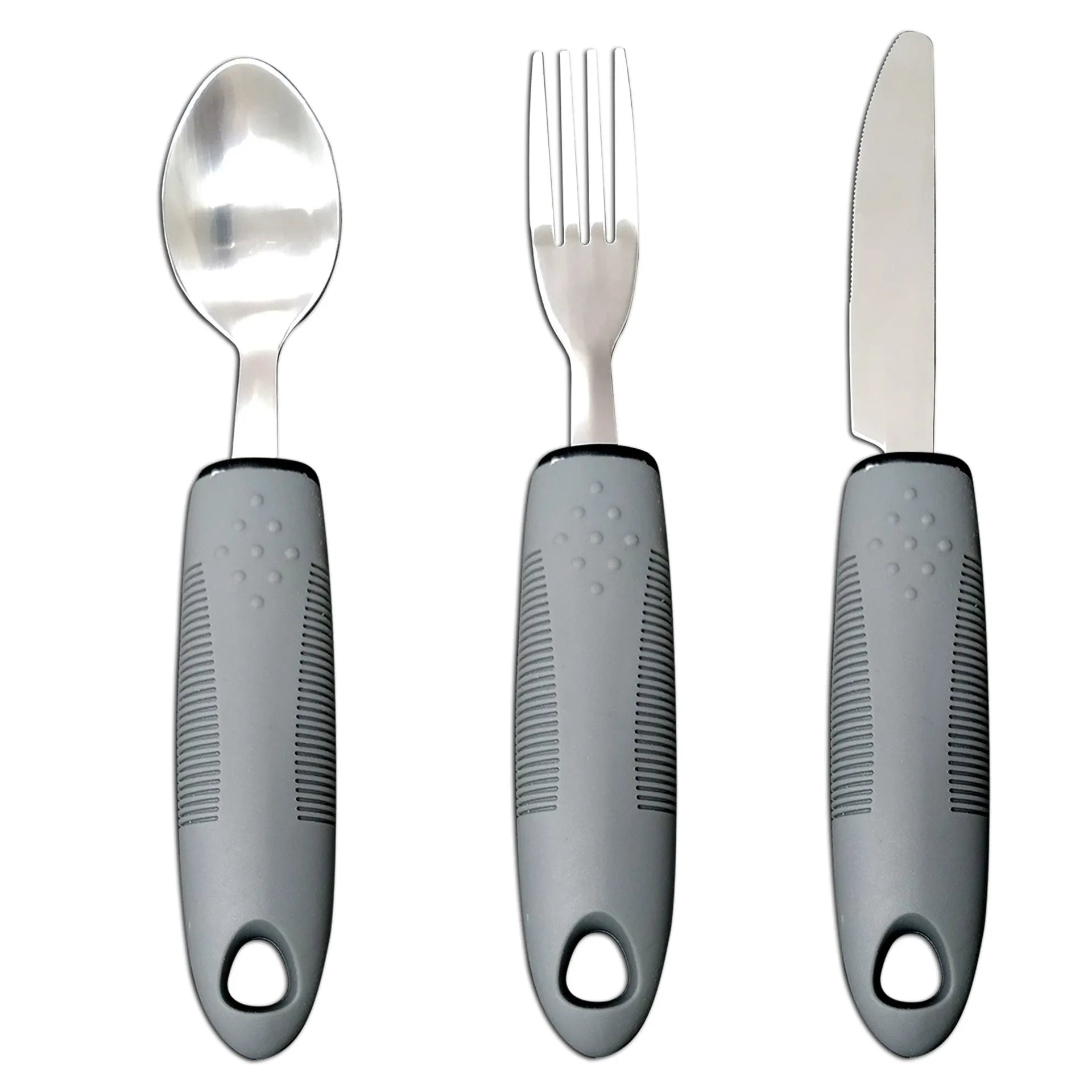 Stainless steel adaptive eating utensils with rubber anti-shock handles for elderly dining assistance