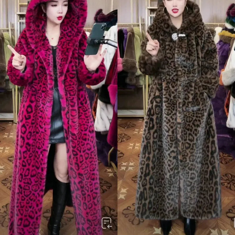 Plus size brown leopard print faux fur coat with 100cm length and regular sleeves