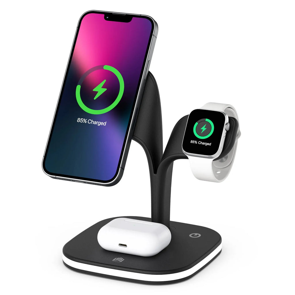 Black wireless charging desk stand showing phone, watch, and headphones charging simultaneously