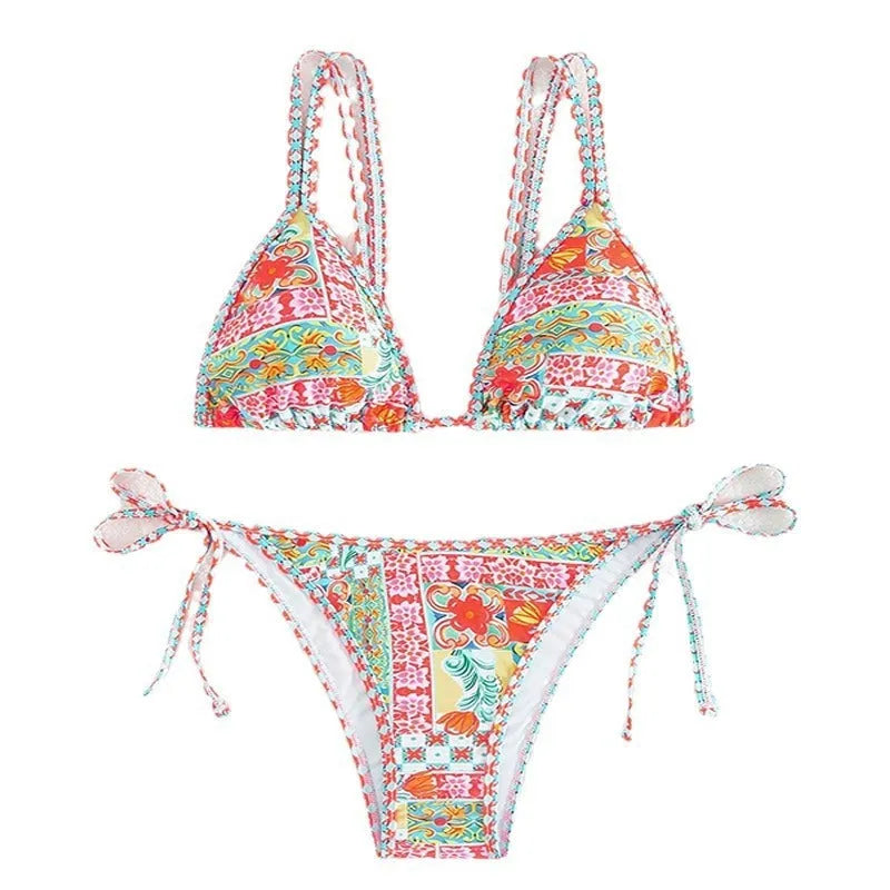 Women's lace-up front split swimsuit with backless briefs style in polyester fabric