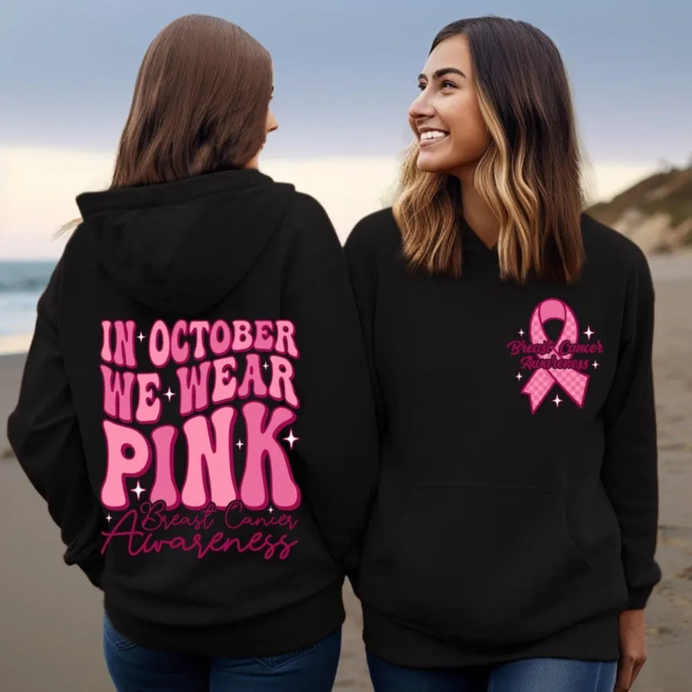Breast Cancer Awareness hoodie with retro pattern and side pocket in pink, white, khaki, or black.