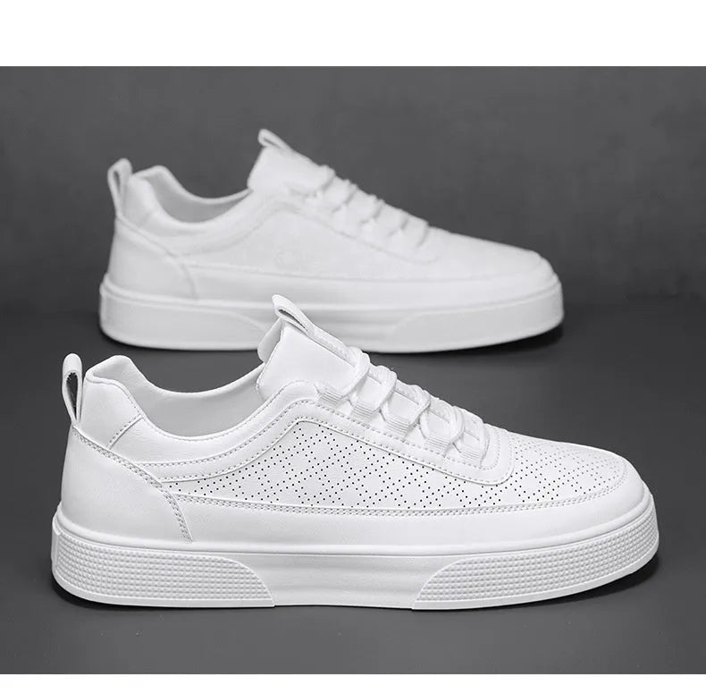 Thick bottom board shoes in white, lace-up low-top casual sneaker with round toe and flat heel, sizes 39-46.