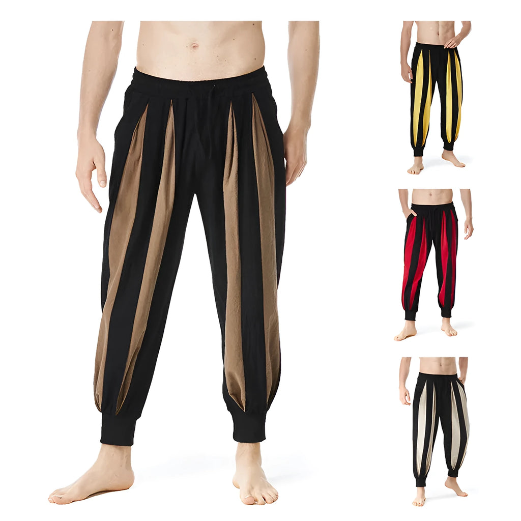 Men's straight-leg casual trousers in brown, khaki, red, and yellow colour options