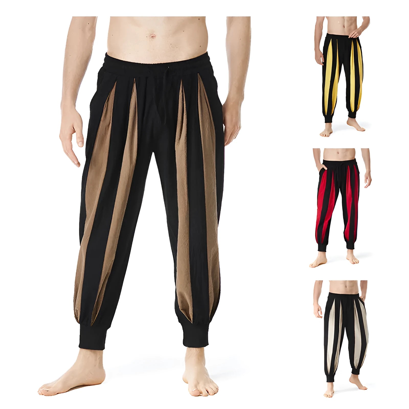 Men's straight-leg casual trousers in brown, khaki, red, and yellow colour options